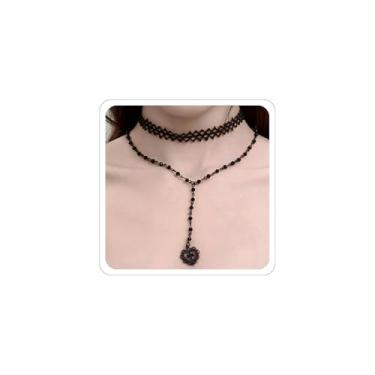 Imagem de ANGLEQUEEN Colar gargantilha de renda gótica preta com corrente de contas emo, joias góticas, para mulheres, colares de bruxa, cruz, lua, coração, pingente de Halloween, acessório de fantasia, Middle