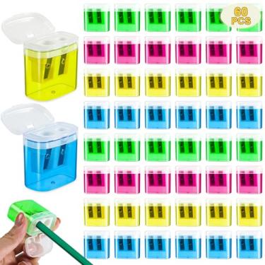 Imagem de Apontador de lápis de 60 peças a granel, manual com orifícios duplos para crianças, 4 apontadores de lápis portáteis coloridos com tampa, portátil, compacto para material escolar, sala de aula