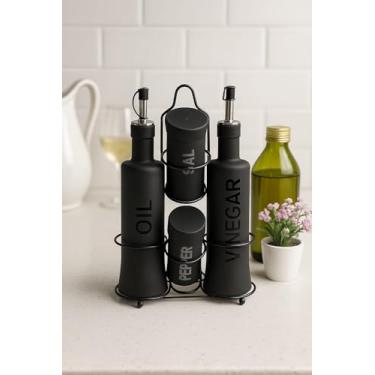Imagem de Conjunto Galheteiro Moderno 5 Peças, Vidro Preto, 2 Frascos 300ml e 2 Frascos 100ml com Suporte