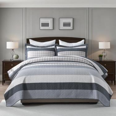 Imagem de QuiltEase Colchas listradas King – Conjunto de colcha de fazenda 100% algodão para todas as estações – Conjunto de colcha leve reversível de 3 peças – cinza carvão/cinza/bege