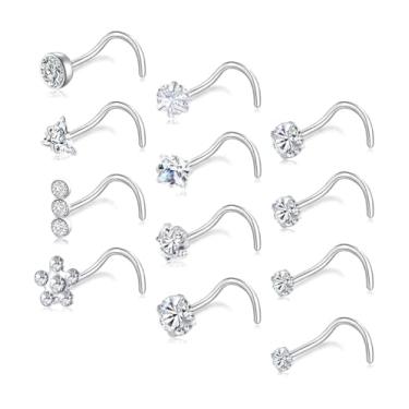 Imagem de Tornito 12 peças de piercing de nariz de aço inoxidável 20G parafuso L osso shpaed narina piercing triângulo flor quadrado coração pentagrama redondo CZ piercing de nariz joia para mulheres homens tom