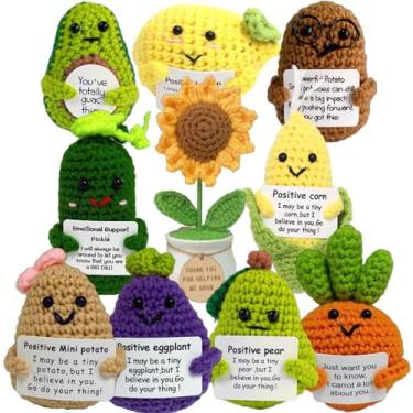 Imagem de ailov 10 unidades de crochê de girassol vegetariano positivo, mini pelúcia de suporte emocional, presentes de agradecimento de formatura em massa para funcionários professores, colegas de trabalho
