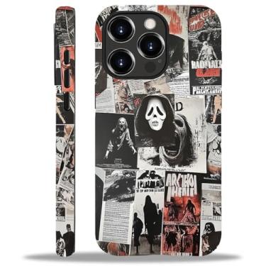 Imagem de ZHEGAILIAN Capa compatível com iPhone 15 Pro, capa rígida híbrida de 2 camadas para meninas, meninos, mulheres, homens, colagem de pôster de terror de Halloween