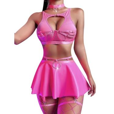 Imagem de uwsic Lingerie feminina sexy de couro com tiras e aro com aro push up cinta-liga, rosa, XX