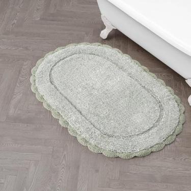 Imagem de Laura Ashley Eloise Tapete de banho oval 100% algodão com borda de crochê, macio e absorvente, tapete de banheiro de espuma do mar 53 cm x 86 cm