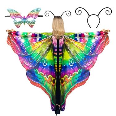 Imagem de cosmisun Fantasia feminina de asas de mariposa – xaile de asa de mariposa com antena de borboleta conjunto de máscaras multicoloridas, fantasia de cosplay para adultos, festa de Halloween, acessório