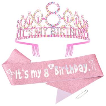 Imagem de Hapdoo Conjunto de decorações de 8 anos para meninas – Coroa de princesa de 8 anos de idade e faixa com glitter, tiara de 8 anos de idade, suprimentos de decoração de festa, acessórios para roupas