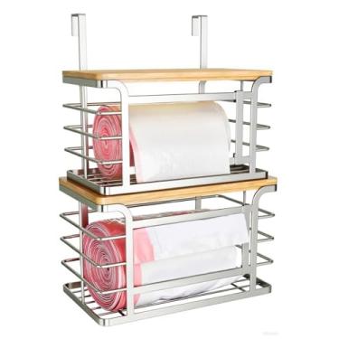 Imagem de Sevenblue Pacote com 2 porta-sacos de lixo empilháveis com parte superior de bambu, 2025 Pro suporte de parede para lavanderia, ganchos ajustáveis para porta de armário – Organizadores na cozinha