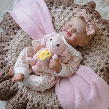 Imagem de Bebê Reborn Boneca Silicone Menina Urso Rosa Realista Pintado 48cm