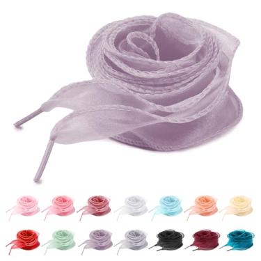 Imagem de UamGlsob Cadarços de seda de organza extravagantes de 4 cm para tênis femininos, lindos cadarços de fita de cetim transparente, cordões de fio de substituição, Roxa, 54"/140cm