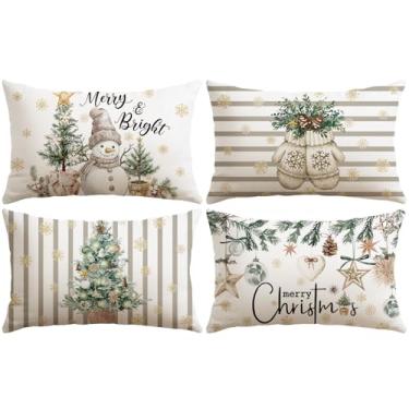 Imagem de OTOSTAR Conjunto de 4 capas de almofada Merry Christmas, 40 x 61 cm, luvas de boneco de neve alegre e brilhante, listradas, cinzas, decorativas, capas de almofada de inverno para sofá e sofá