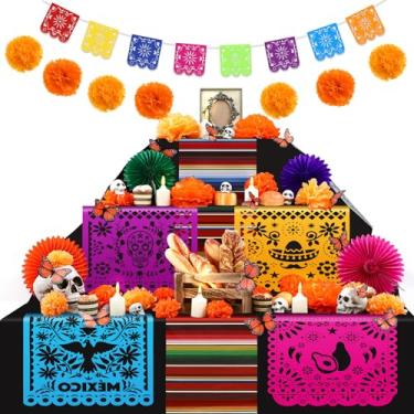 Imagem de Newwiee 82 peças Dia dos Mortos Altar Kit de Decoração Dia De Muertos Toalha de Mesa Descartável LED Vela Papel Calêndula Flor Leque Borboleta Papel Mexicano Picado Banner Suprimentos (Colorido)