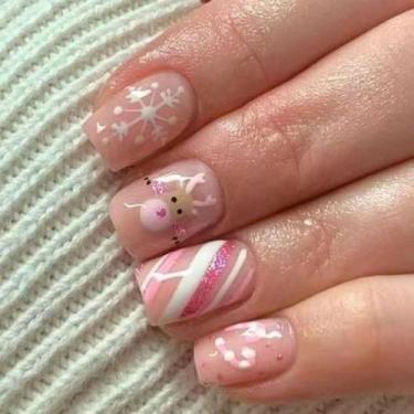 Imagem de Press on Nails CEWEWP Christmas Square Pink com design de alce