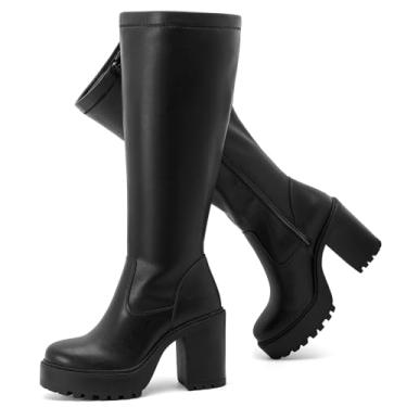 Imagem de Ruiee Botas femininas extra largas na altura do joelho, plataforma larga e larga salto grosso, botas Gogo com bico arredondado, salto bloco, bota alta para mulheres., Preto PU 369, 7 X-Wide