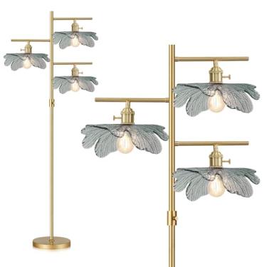 Imagem de Luminária de chão regulável para sala de estar, luminária de árvore de latão antigo, lâmpadas altas com sombra de vidro verde escuro, luz de chão de flor dourada para quarto, canto e escritório