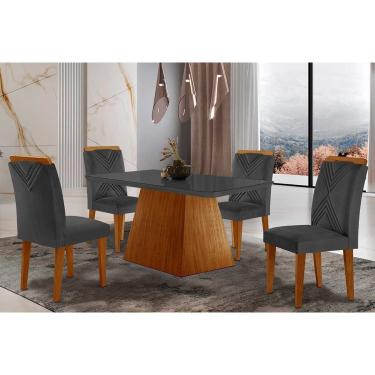 Imagem de Sala de Jantar Completa Luna Tampo Madeirado c/ Vidro Canto Reto 120x80 e 4 Cadeiras Amsterdã Capuccino/Suede Grafite - Rufato