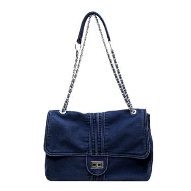 Imagem de LEESION Bolsa jeans feminina bolsa jeans bolsa de ombro bolsa transversal retrô moderna para uso diário e viagens, Azul-marinho A, Large