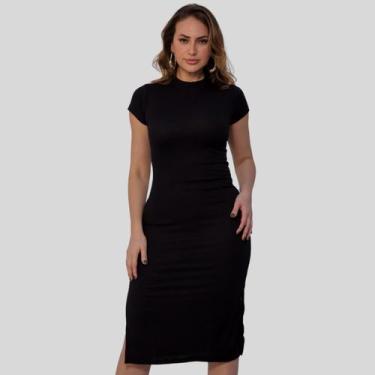 Imagem de Vestido Feminino Midi Canelado Casual Básico Modelador Com Manga Curta
