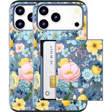 Imagem de MUQR Capa compatível com Phone 17 Pro Max com porta-cartão fofo - Design Kawaii Capa carteira robusta de proteção contra quedas de grau militar para mulheres (flores de peônia azul)