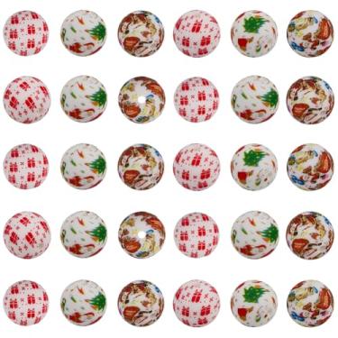 Imagem de SUNNYCLUE 1 caixa, 30 peças, 3 estilos de contas de silicone com tema natalino de 15 mm, contas coloridas de borracha focal, bola redonda, espaçadores soltos e lisos, achados para canetas, pulseiras