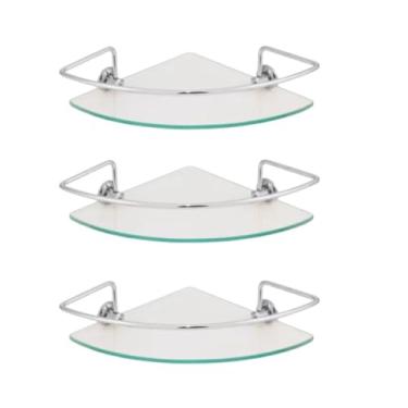 Imagem de Kit 3 Prateleiras de Canto em Vidro, Cantoneira para Banheiro, Incolor, 6mm, com Suporte em Alumínio, Resistente à Oxidação