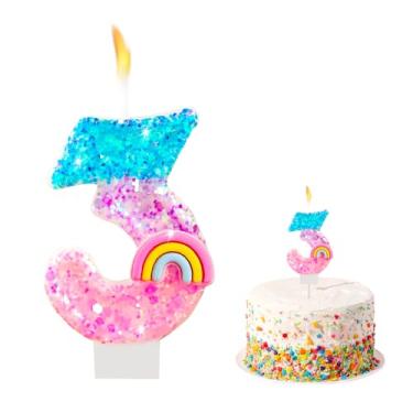 Imagem de Velas com números de aniversário arco-íris para bolos, números de lantejoulas, 3 velas, enfeite de bolo, decorações de cupcake, suprimentos de festa com tema de arco-íris colorido, presentes de