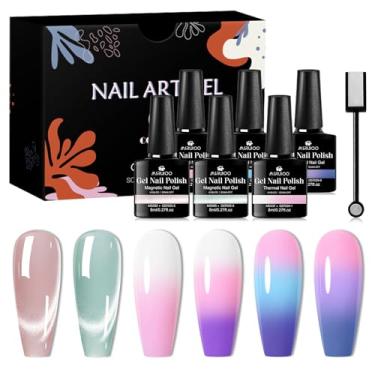 Imagem de MSRUIOO Conjunto de esmalte de gel rosa roxo 6 cores kit de esmalte azul olho de gato esmalte de imersão UV LED arte de unhas manicure gel térmico kit de unhas presentes para mulheres, faça você mesmo