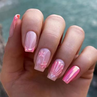 Imagem de RIICFDD Unhas fofas unhas francesas pregos falsos quadrados médios concha 3D estrela do mar unhas postiças rosa glitter cola em unhas pérolas pingentes de unhas cobertura completa unhas de acrílico