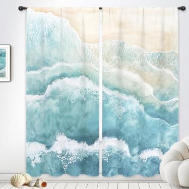 Imagem de Riyidecor Cortinas onduladas de praia, oceano, azul-petróleo, bonito, náutico, mar, abstrato, moderno, litoral, minimalista, fresco, bolso para varão, verão, tropical, quarto, sala de estar