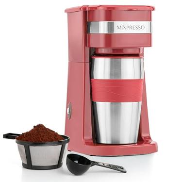 Imagem de Mixpresso Máquina de café de copo único 2 em 1 e caneca de viagem de 400 ml | Máquina de café portátil para viagem, cervejeiro de café e copo com gotejamento pessoal Função avançada de desligamento automático e filtro ecológico reutilizável (vermelho)