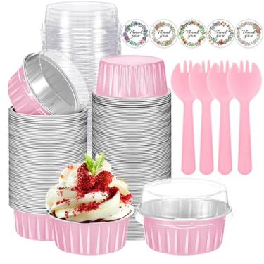 Imagem de 100 peças de copos de cupcake de folha de alumínio com tampas, mini formas de bolo com tampas e colheres, 142 g descartáveis de ramequins para assar, formas de muffin, copos de cupcake para festa