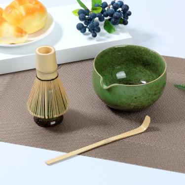 Imagem de KHZSPP Conjunto de 4 peças de batedor Matcha elegante conjunto de chá japonês matcha reutilizável kit de fabricação matcha com tigela matcha de cerâmica de 500 ml, suporte para batedor de bambu feito