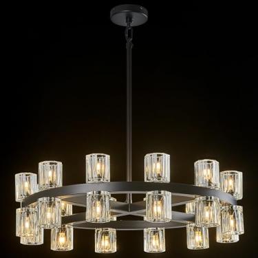 Imagem de BBLLWJ Lustre de roda de vagão Balck Wagon de 61 cm com sombra de cristal K9 24 luzes lustre de cristal moderno lustre de sala de jantar sobre mesa lustres de casa de fazenda para hall de entrada