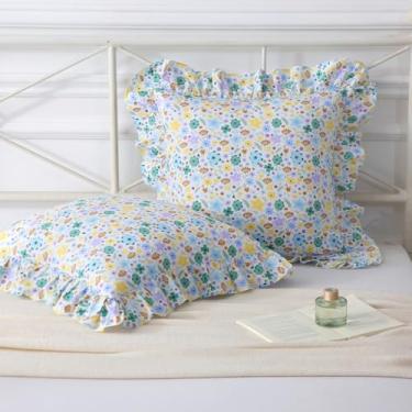 Imagem de Mywinlle Farmhouse Garden Floral Ruffle Conjunto de 2.100% Algodão Shabyy Fronhas Decorativas para Cama, Sofá, Sofá - 50 x 50 cm