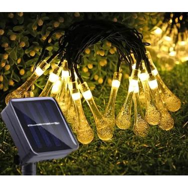 Imagem de LED Solar Gotas Brancas Quentes 12m – Pisca-Pisca Recarregável à Prova d’Água para Jardim e Natal – 8 Modos de Iluminação