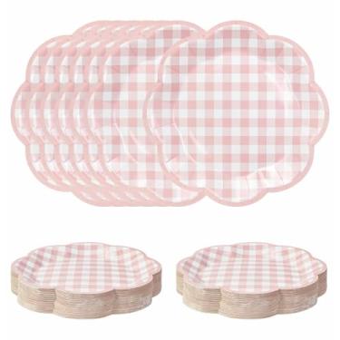 Imagem de SietDESEO 50 peças de pratos de papel guingão rosa claro 18 cm rosa bebê e branco pratos de sobremesa xadrez descartável para festa, casamento, chá de bebê, aniversário, prato quadriculado