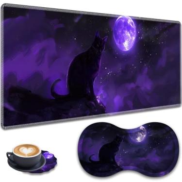 Imagem de Mouse pad grande para jogos + descanso de pulso + porta-copos de renda, conjunto antiderrapante, com bordas costuradas e tapete de mesa expansível à prova d'água, adequado para escritório/casa, gato
