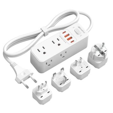 Imagem de Adaptador de tomada de viagem europeu, WRXDMC adaptador de alimentação universal para UE Reino Unido EUA AUS, 6 tomadas CA, 3 portas USB com cabo de extensão de 1,5 m, filtro de energia internacional