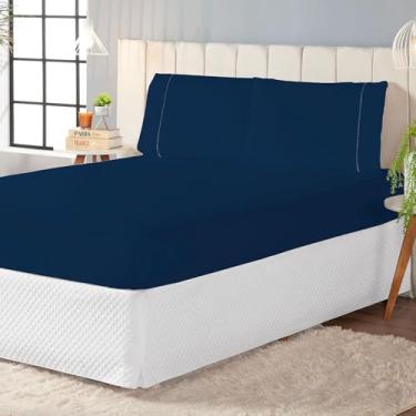 Imagem de Jogo de Lençol 400 Fios, 3 Peças com Elástico e Fronhas, Tamanhos Solteiro a King, 100% Poliéster (Azul Marinho, Queen 03 Peças)