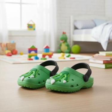 Imagem de Babuche Infantil Masculino Dinossauro Verde Divertido Macio Confortave