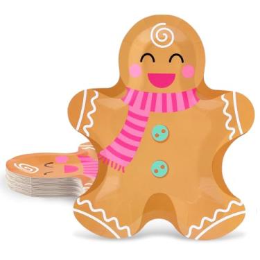 Imagem de AnyDesign Pratos de papel de homem de gengibre pratos descartáveis de Natal prato decorativo fofo para chá de bebê de inverno, suprimentos de festa de aniversário, 24 peças