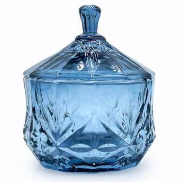 Imagem de EWEIGEER Prato de vidro de 227 g com tampa não hermética, pequeno pote de cristal para mesa de escritório, suporte redondo de algodão, escritório, banheiro, organizador de sala de jantar (cinza azul)