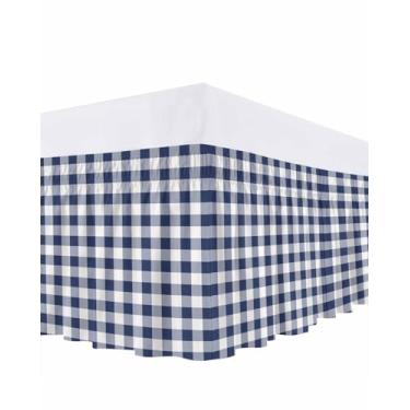 Imagem de Saia de cama xadrez azul-marinho 40,6 cm com estampa xadrez geométrica xadrez xadrez elástica em volta da saia de cama com babados para cama queen size