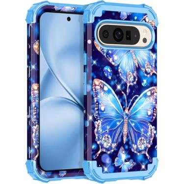 Imagem de LONTECT Capa para Google Pixel 9/9 Pro, floral, à prova de choque, resistente, resistente, 3 em 1, híbrida, resistente, capa protetora de alto impacto, azul claro