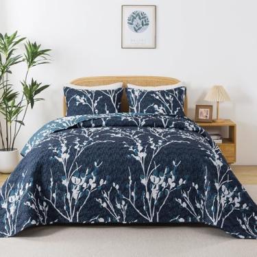Imagem de Andency Colcha azul marinho tamanho Queen (246 x 224 cm), 3 peças de colcha floral leve de microfibra, reversível, coberta acolchoada com 2 fronhas para homens e mulheres