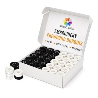 Imagem de 144 bobinas pré-enroladas em preto e branco para máquinas de bordado Brother compatíveis com PE-700, PE700II, PE-750D, PE-770, PE-780D, Innovis 1000, Innovis 1200, Innovis 1250D e New Babylock Ellure,