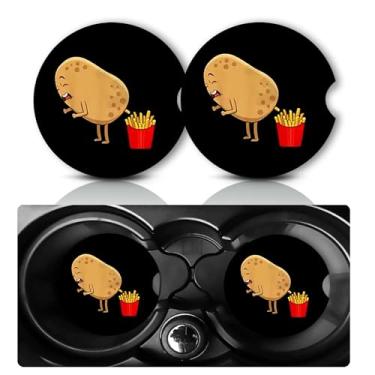 Imagem de Pacote com 2 porta-copos engraçados de batata frita para carro, porta-copos de carros para porta-copos, tapete de borracha antiderrapante universal de 7 cm, acessórios divertidos para decoração de
