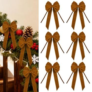 Imagem de 6 peças de laços de veludo marrom 16,5 cm x 38 cm laços de fita de veludo para árvore de Natal vintage grande laços de guirlanda para artesanato de Natal, guirlanda de Natal, escada, lareira