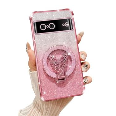 Imagem de Tesazxcn Capa de celular para Google Pixel 7 [compatível com Magsafe] com suporte de borboleta e cordão macio TPU brilhante transparente à prova de choque capa de proteção para Google Pixel 7, ouro