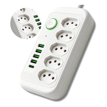 Imagem de Extensão Regua Filtro De Linha Preta 5 Tomadas 4 Usb Tipo Cabo Fio 1,8